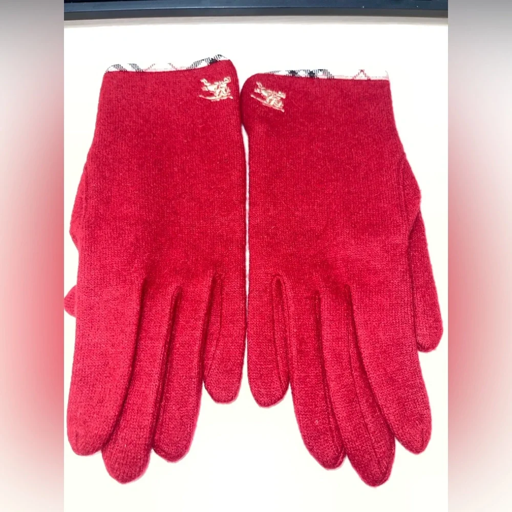 Burberry Wool Women’s Gloves Nova Check Logo Embroidery Red O/SFM - Picture 5 of 12